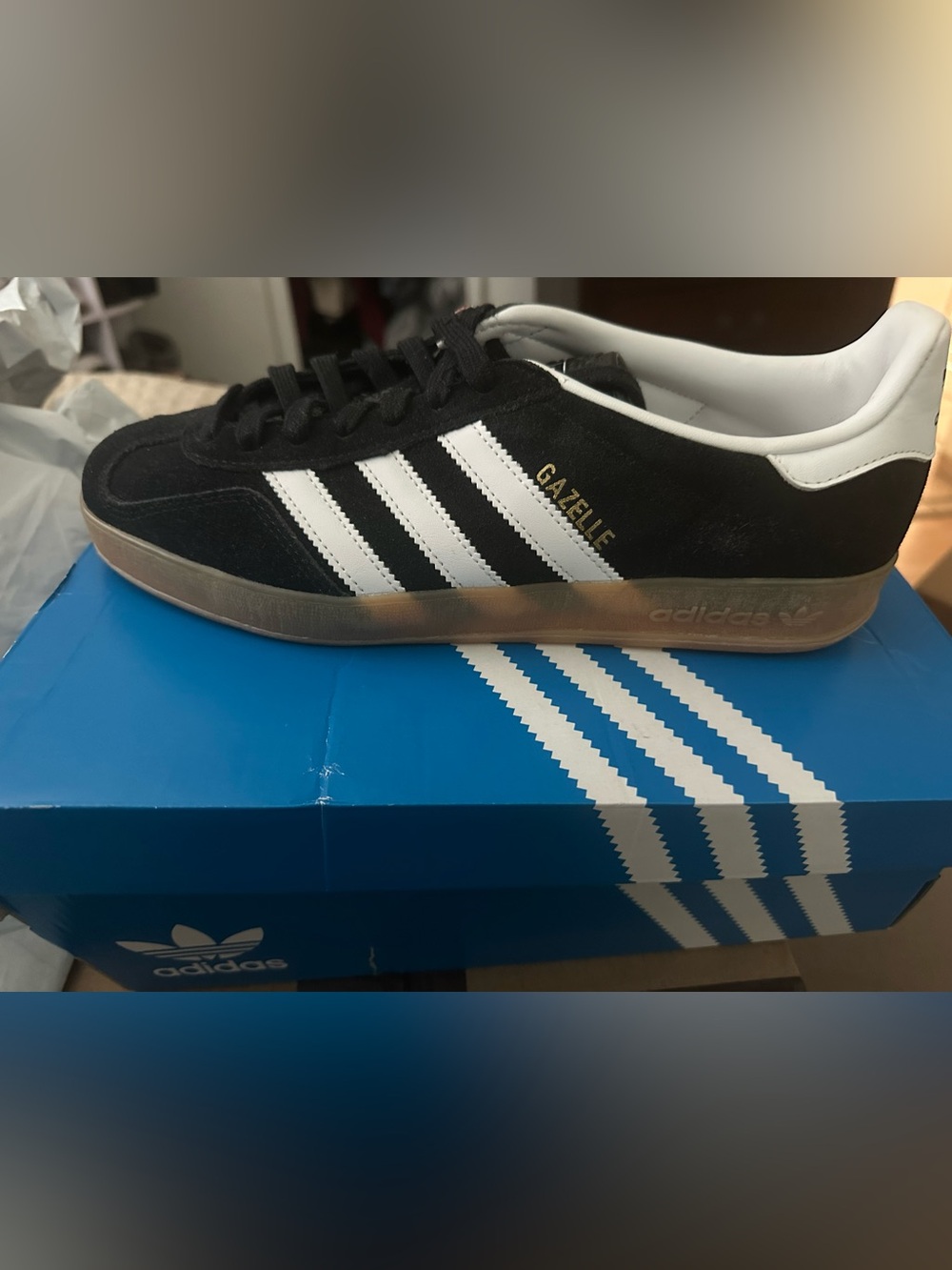 adidas Gazelle Men’s Black & White Suede Sneakers with Gum Sole